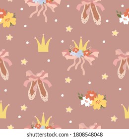 vector pattern ballet, pointe shoes. gentle colors dancer ornament. crown and flowers. ballerina things