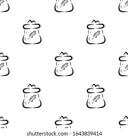 Vector pattern with banks of wheat grits with engraving. Hand-drawn black and white illustration. Image for farm, store, tag, agricultural industry, packaging paper on white background, for shop.