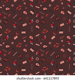 Vector pattern barbecue party, weekend grill food, sausages, hot dog, steak grilled meat background.  