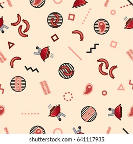 Vector pattern barbecue party, weekend grill sausages, hot dog, bacon on grill background.  