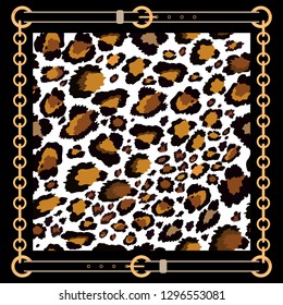 Vector pattern of baroque trend with golden chain and leather belts and leopard print on black background, Vintage patch for scarfs, print and fabric