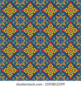 Vector pattern batik dengan motif tradisional Indonesia yang kaya warna dan detail. Desain ini menggabungkan elemen-elemen floral dan geometris, menciptakan harmoni visual yang elegan dan modern.