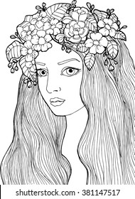 Vector pattern with beautiful girl and flowers for design flayers, antistress coloring, invitations and posters