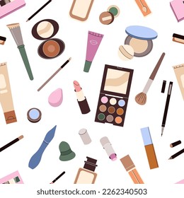 Vector pattern with beauty makeup products and accessories. Cosmetics seamless background in cartoon style. Make up fashion texture