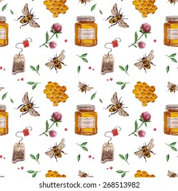 Vector pattern with bee, honeycomb, clover flowers, leaves, tea bags. Watercolor pattern with nature healthy lifestyle .