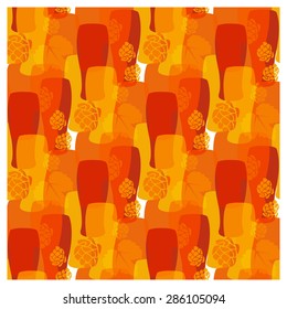 Vector pattern with beer glasses, hops different warm colors of fall