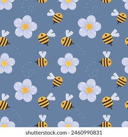 Patrón de Vector de las abejas en círculo entre las nubes. ilustración para textiles, productos para niños, Imagen de fondo. fondo azul, tonos azules