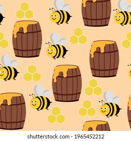 vector pattern with bees. flat image of honey pattern. wooden brown barrels with honey