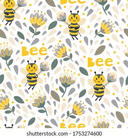 Vector pattern with bees and flowers in cartoon style. for wallpaper, fabric, wrapping paper, etc.