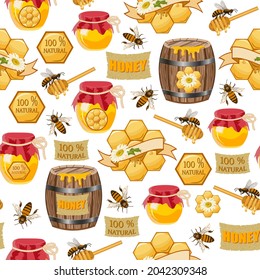Vector pattern with bees and honey.Barrels and jars with honey, bees, honeycomb on a white background in a seamless pattern.