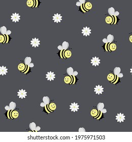 vector pattern with bees on a gray background. flat pattern image with flying bees