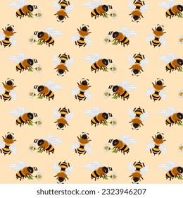 Vector pattern with bees.Bees with flowers on a colored background in a vector seamless pattern.