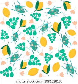vector pattern with beetles, lemons, leaves and flowers without background - Shutterstock ID 1091328188
