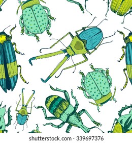 vector pattern beetles, line drawing pen, bright wallpaper on white background,green cute spiders