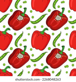 Vector pattern of bell peppers and peas. Design elements for menus, advertisements and covers, children's books, illustrations for food and dishes.Vector of vegetables. Vegetarian food