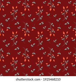 Vector pattern with berry and leaves of wild rose (rosehip) on a dark red background. In pastel colors.