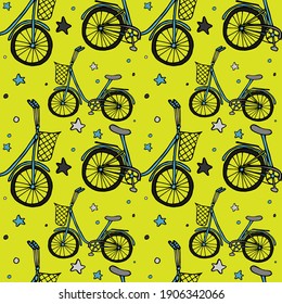 vector pattern with a bicycle for a boy with a basket. Children s illustration with cartoon transport. For printing on children s fabric.