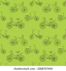 Vector pattern with a bicycle in the style of doodle on a green background. Print for printing on children's textiles.