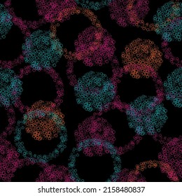 Vector pattern with big bold painted circles and bubbles.  Abstract watercolour background with colorful circles on black. 