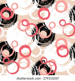 Vector pattern with big bold painted circles and bubbles. Colorful hand drawn print for summer fall fashion with random round shapes in 1950s style. Bright coral pink color on black beige background