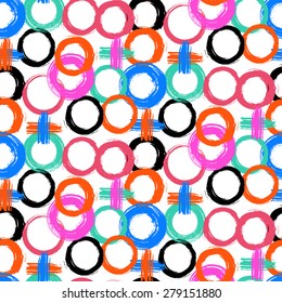 Vector pattern with big bold painted circles and crosses. Colorful hand drawn print for summer fall fashion with random round shapes in 1950s style. Multiple bright colors pink, orange, black, white