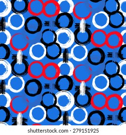 Vector pattern with big bold painted circles and crosses. Colorful hand drawn print for summer fall fashion with random round shapes in 1950s style. Multiple bright colors blue, red, black, white