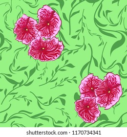 vector pattern with big pink flowers on a green background