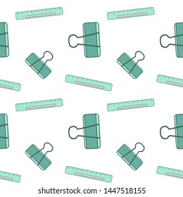 vector pattern with binders, rulers in pink and turquoise colors on a white background in cartoon style, illustration of stationery for the design of packaging, textiles, paper for office and school