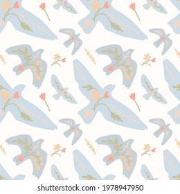Vector pattern with bird. Flat hand drawn illustration. Flight colorful bird. seamless pattern on white background with flowers.