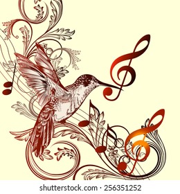 Vector pattern with bird and music notes