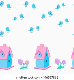 Vector  pattern with birdhouse, crocuses and birds. Seamless background for kids.