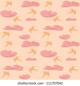 vector pattern with birds and clouds