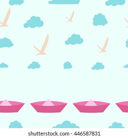Vector  pattern with birds, clouds and paper ship. Seamless background for kids.