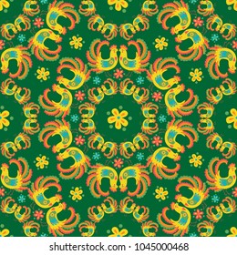Vector pattern with birds and flowers in etno style. Bright colors. Green background
