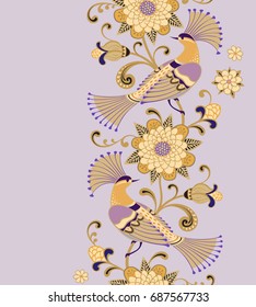 Vector pattern with birds, flowers, leaves and laces. Seamless vertical border, greeting card.