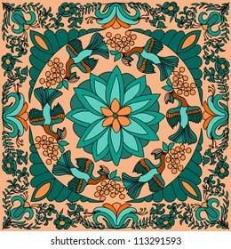 Vector pattern with birds and flowers, yellow background