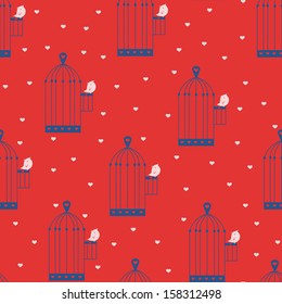 The vector pattern with birds, hearts and  birdcages