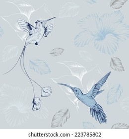 vector pattern with birds hummingbirds and flowers in color goluboom