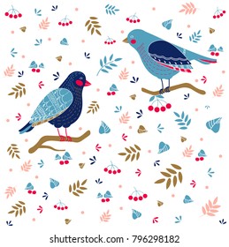 Vector pattern with birds and other nature elements on white background