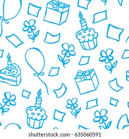 Vector pattern birthday,  flower, box, ball, cake, cupcake, blue on a white background