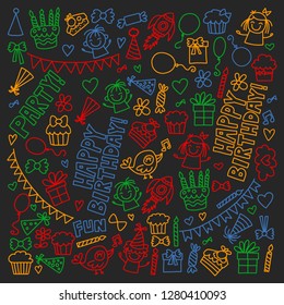 Vector pattern for birthday party for little kindergarten, school children. Kids drawing doodle style