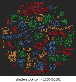 Vector pattern for birthday party for little kindergarten, school children. Kids drawing doodle style