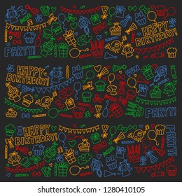 Vector pattern for birthday party for little kindergarten, school children. Kids drawing doodle style