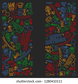 Vector pattern for birthday party for little kindergarten, school children. Kids drawing doodle style