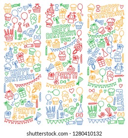 Vector pattern for birthday party for little kindergarten, school children. Kids drawing doodle style