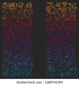 Vector pattern for birthday party for little kindergarten, school children. Kids drawing doodle style