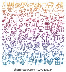 Vector pattern for birthday party for little kindergarten, school children. Kids drawing doodle style