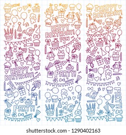 Vector pattern for birthday party for little kindergarten, school children. Kids drawing doodle style