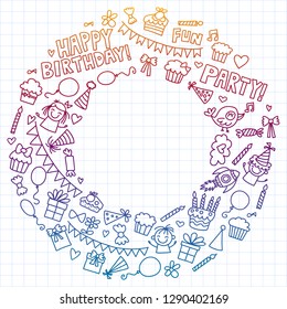 Vector pattern for birthday party for little kindergarten, school children. Kids drawing doodle style