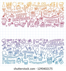 Vector pattern for birthday party for little kindergarten, school children. Kids drawing doodle style